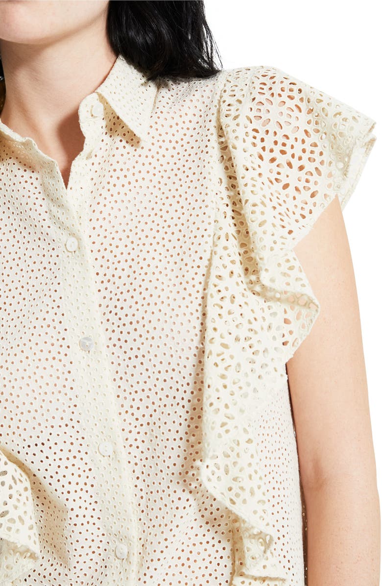 Theory Nova Flutter Sleeve Eyelet Cotton Blouse, Alternate, color, Ecru