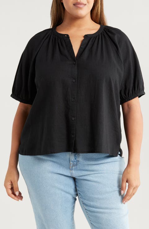 Linen Blend Puff Sleeve Top (Plus)