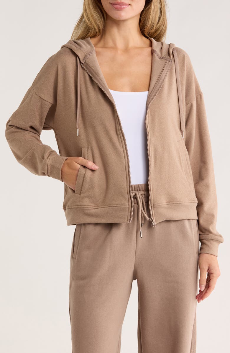 Jessica Simpson Full Zip Double Soft Hooded Sweatshirt, Main, color, Taupe Gray Heather