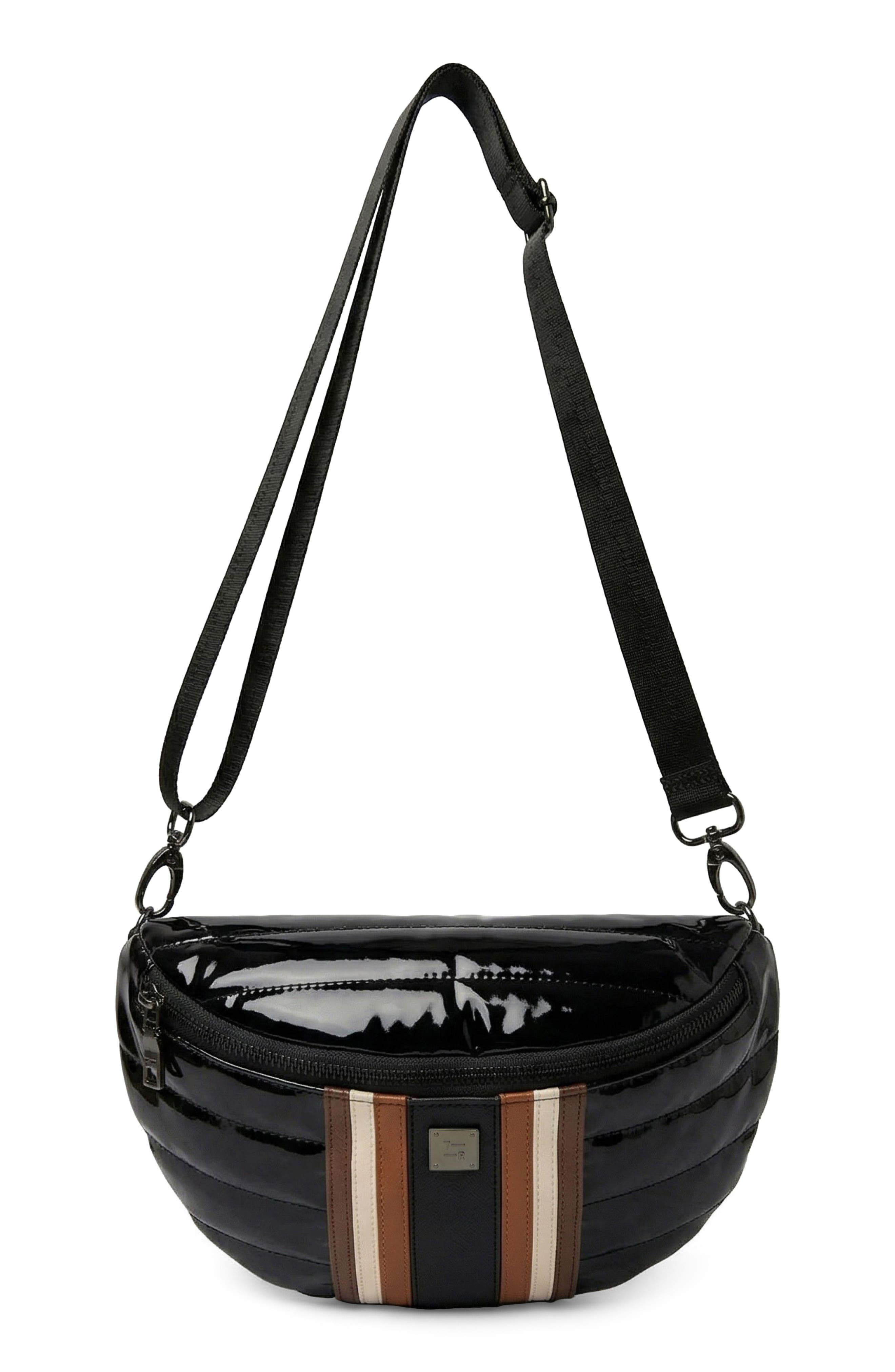 Little Runaway Belt Bag, Main, color, BLACK PATENT NYLON W/ STRIPE
