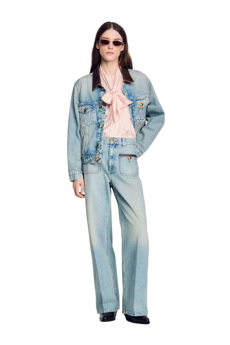Straight-leg leather detail jeans, Alternate, color, Blue jean