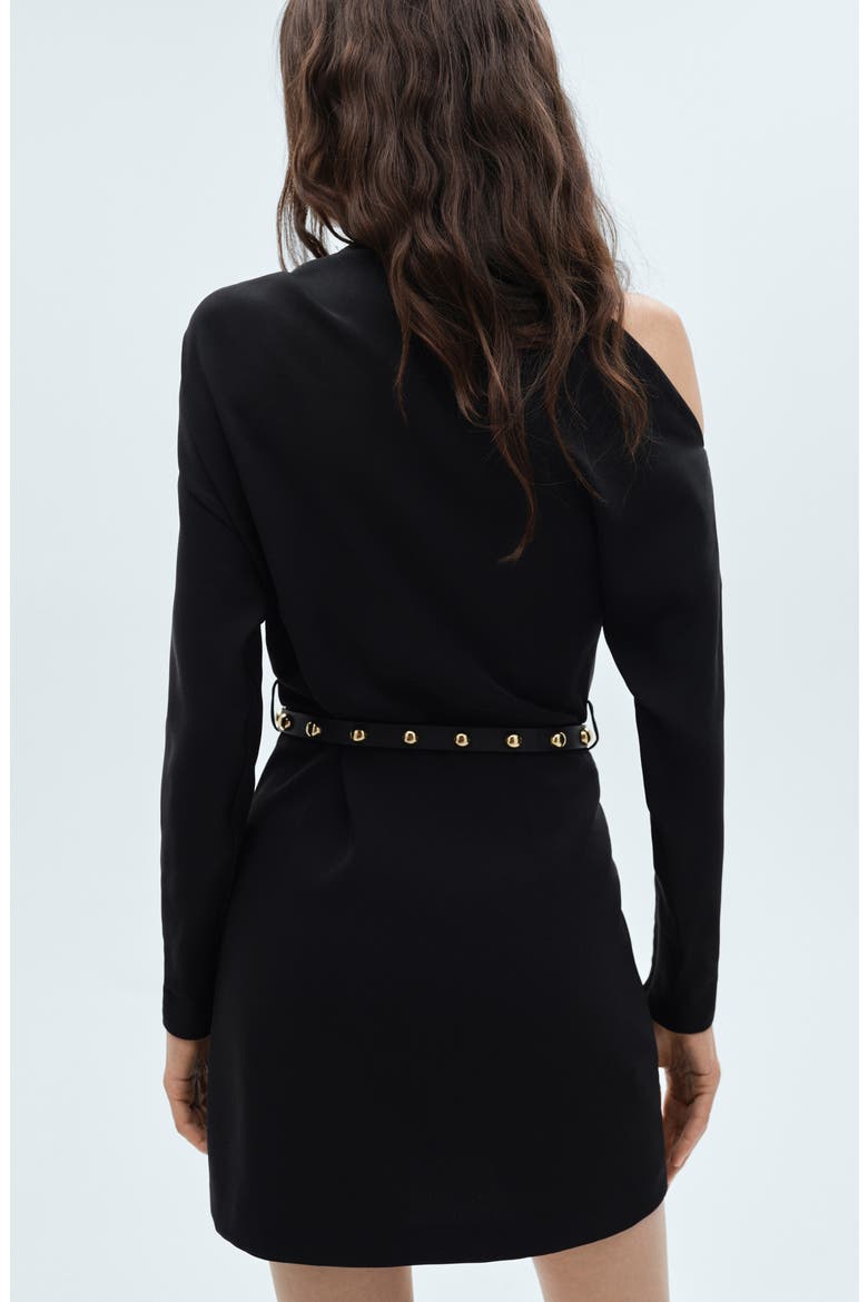 Belted Long Sleeve One-Shoulder Minidress, Alternate, color, BLACK