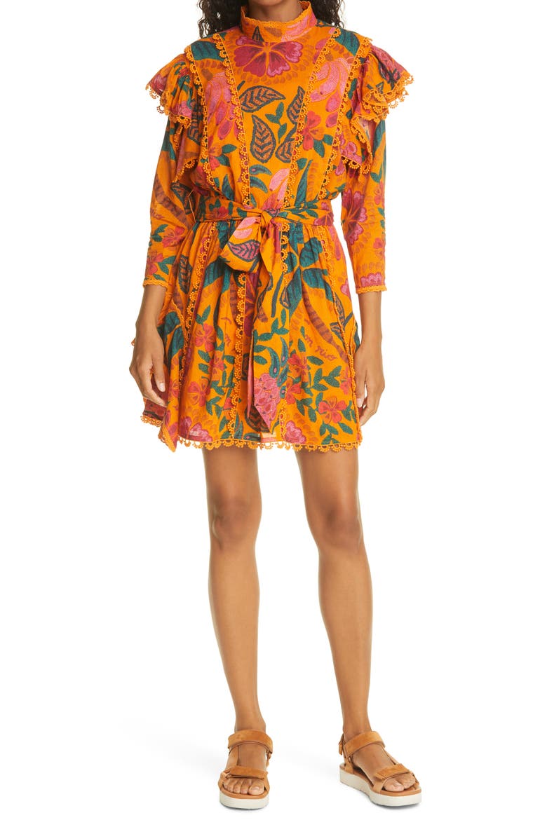 Tropical Print Ruffle Yoke Cotton Dress, Main, color, YELLOW