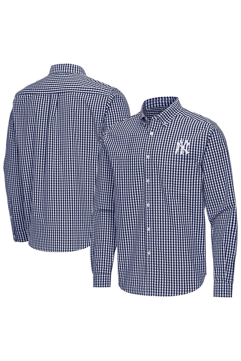 Men's Antigua Navy New York Yankees Ellis Woven Tri-Blend Button-Down Shirt, Main, color, Navy