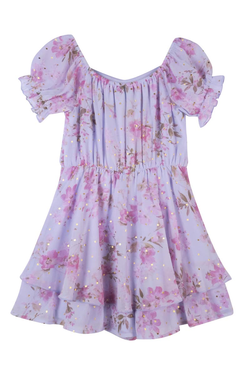 Zunie Kids' Floral Puff Sleeve Party Romper, Alternate, color, Blue Multi