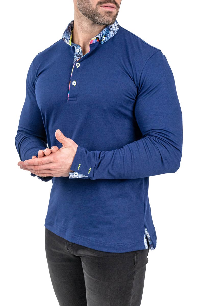 Maceoo Newton Solid Crypt Print Accent Long Sleeve Cotton Polo, Alternate, color,