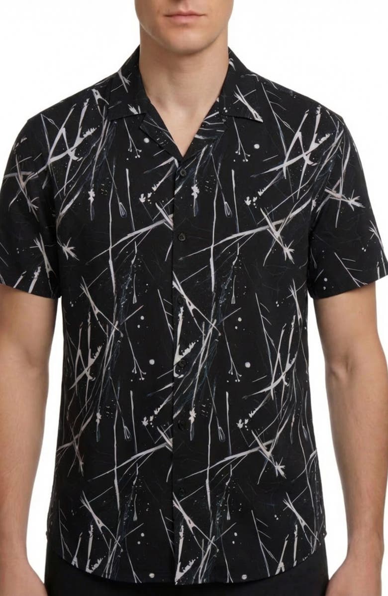Report Collection Abstract Print Stretch Camp Shirt, Main, color, Black