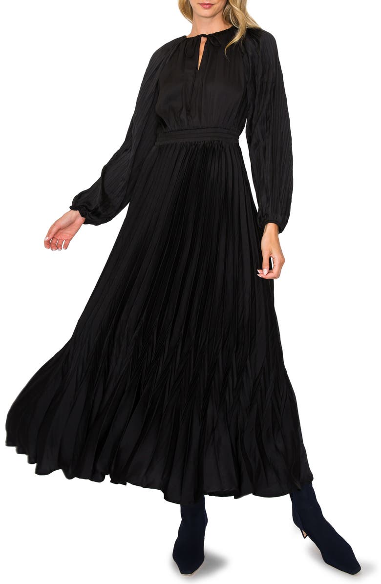 MELLODAY Pleated Long Sleeve Satin Maxi Dress, Main, color, 