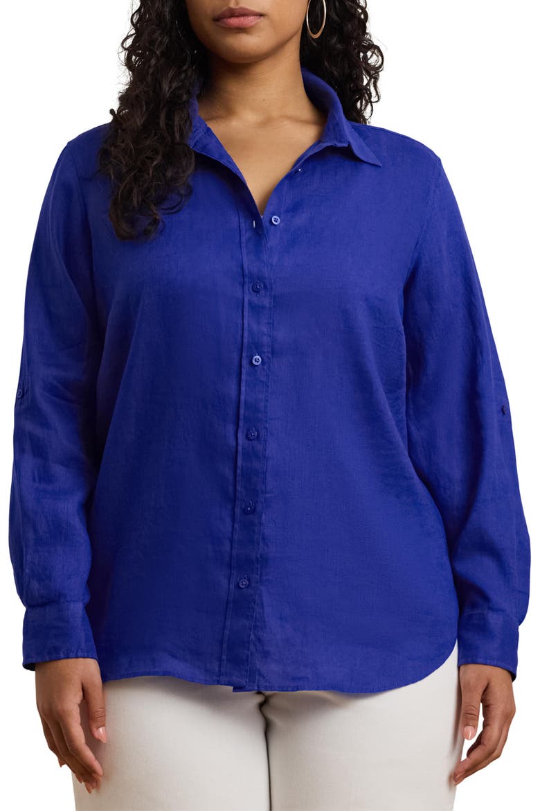 Relaxed Fit Linen Roll Tab Shirt, Main, color, NEW SAPPHIRE