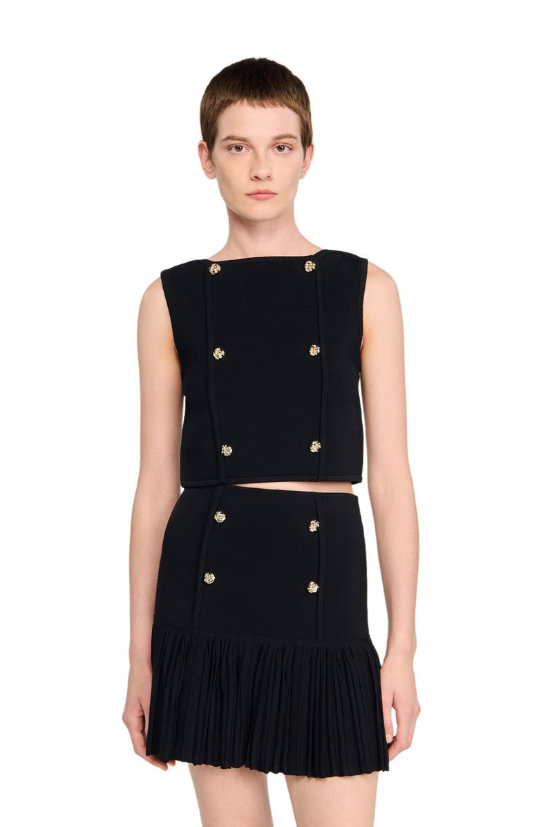 SANDRO Button detail cropped knit top, Alternate, color, Black