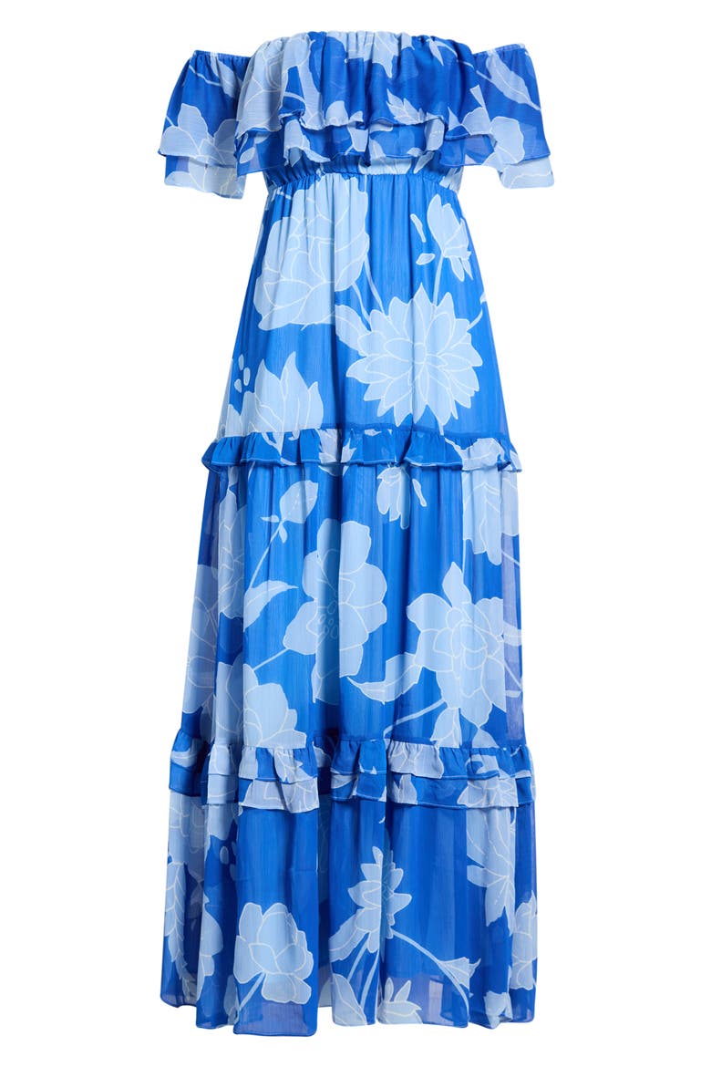 Floral Off the Shoulder Tiered Maxi Dress, Alternate, color, COBALT-BLUE
