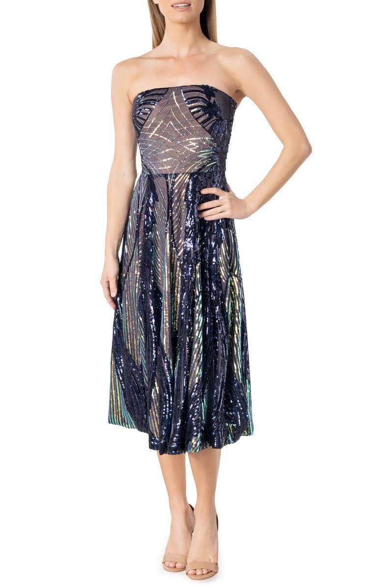 Dress the Population Sequin Strapless Fit & Flare Dress, Main, color, Navy Multi