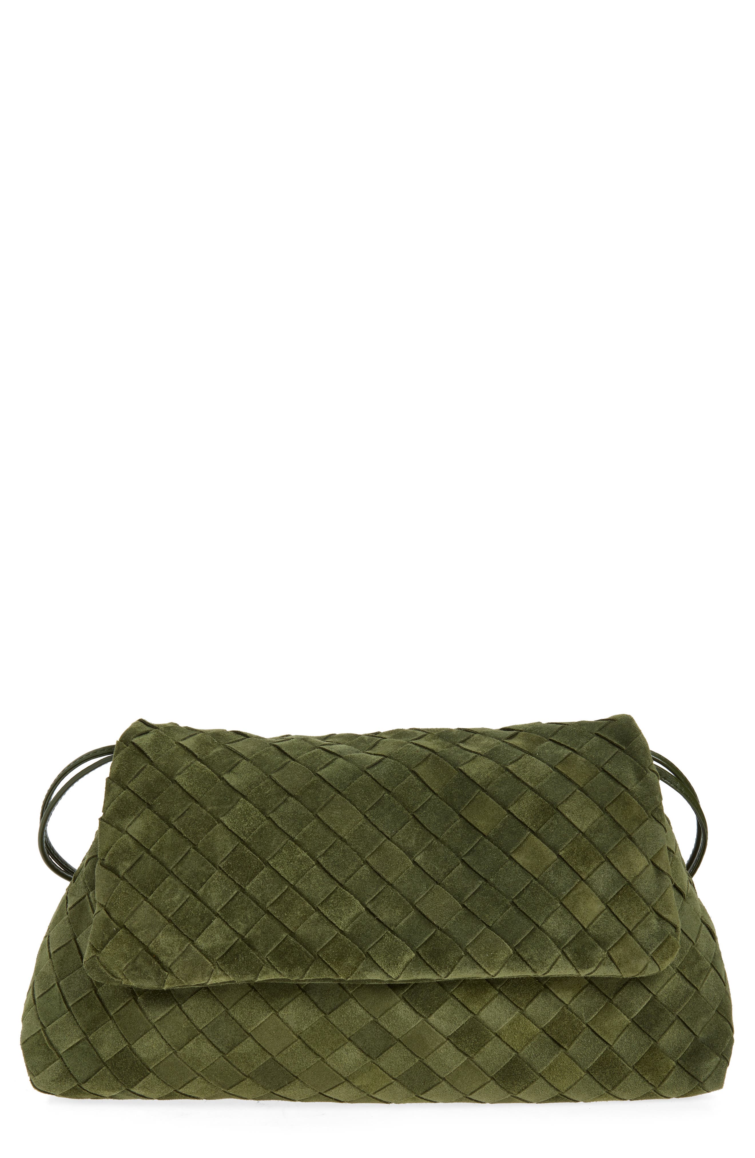 Bottega Veneta Giorno Intrecciato Suede Shoulder Bag, Main, color, 3785 Green Tweed-Gold