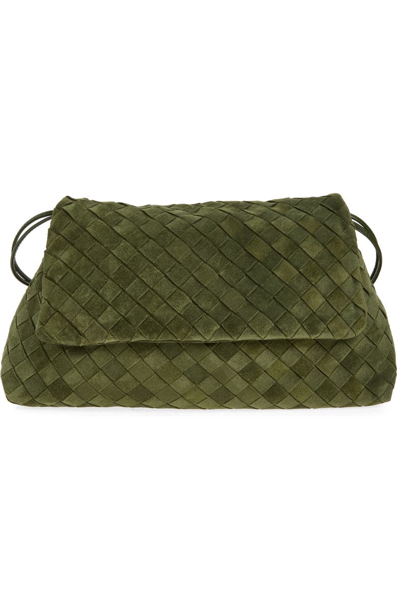Bottega Veneta Giorno Intrecciato Suede Shoulder Bag, Main, color, 3785 Green Tweed-Gold