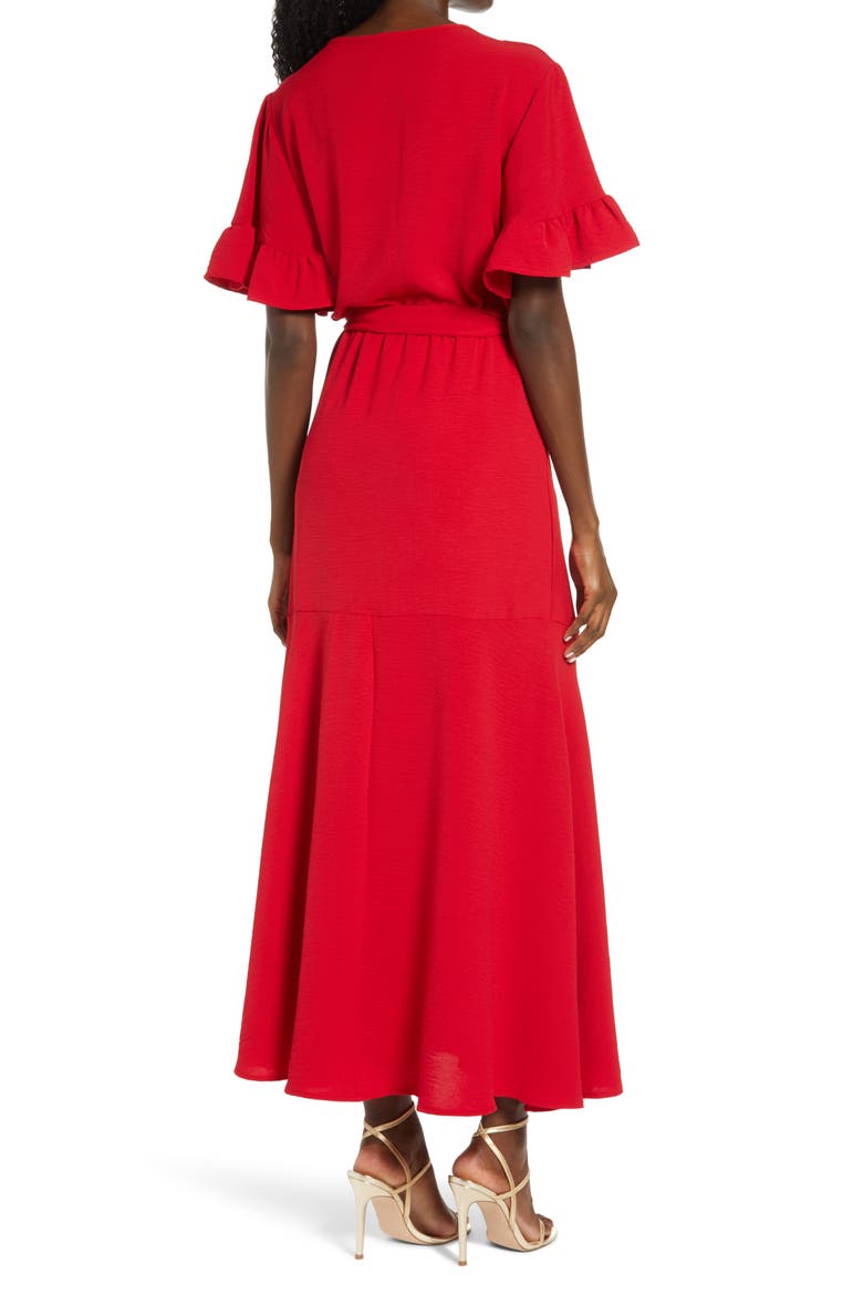Ruffle Sleeve Faux Wrap Dress, Alternate, color, RED