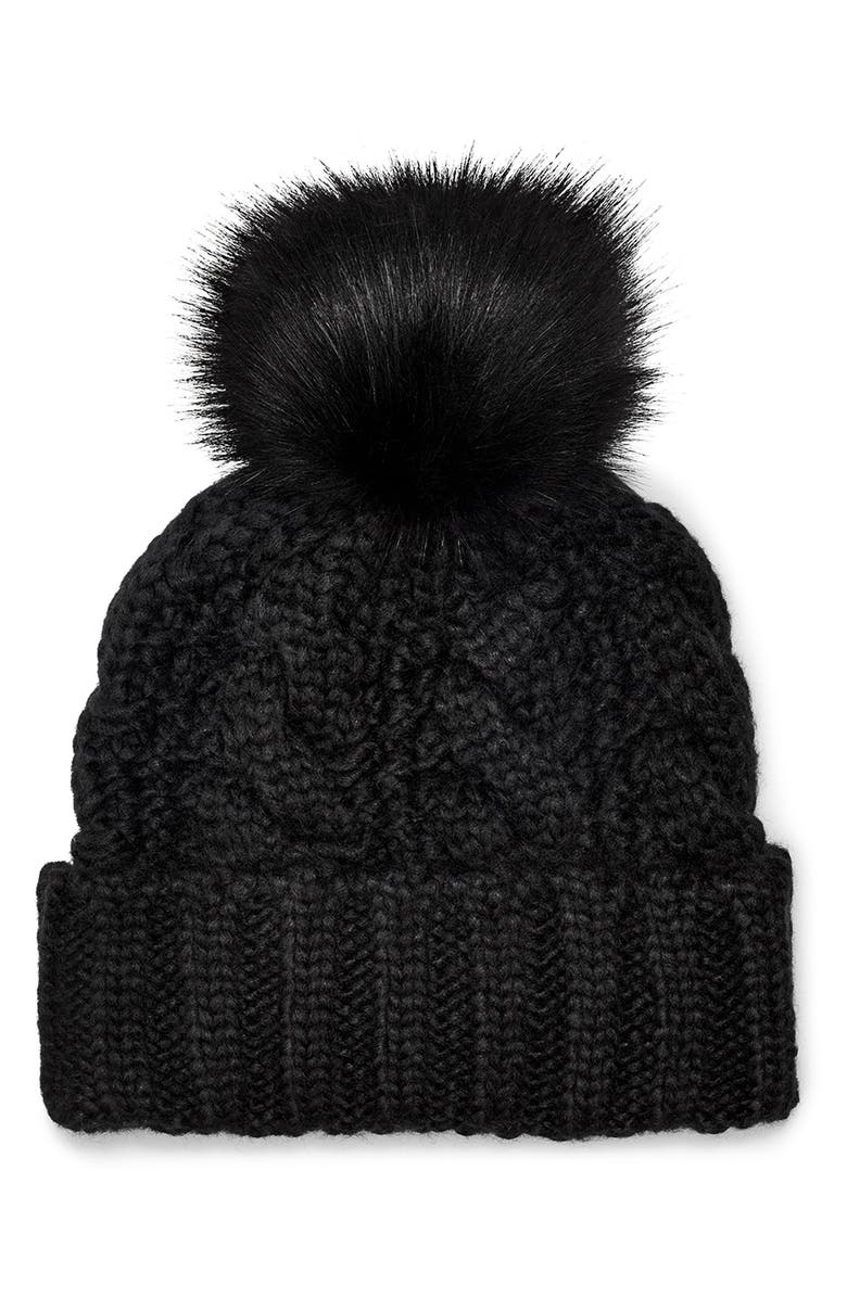 UGG<sup>®</sup> Cable Knit Beanie with Faux Fur Pom, Alternate, color,