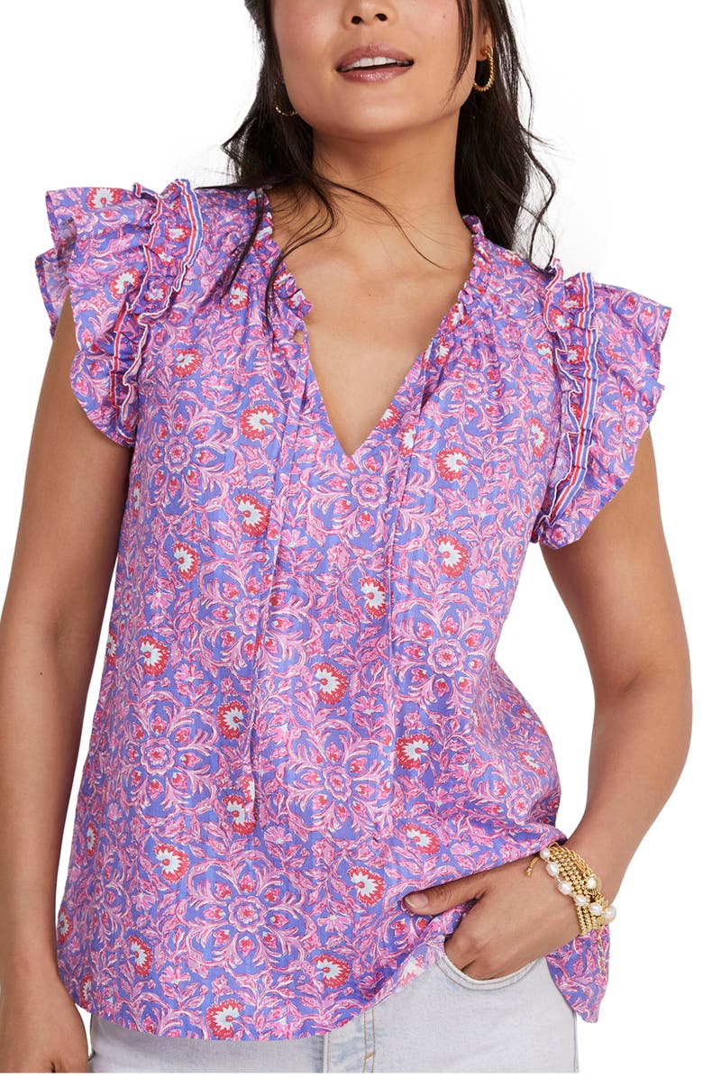 vineyard vines Katama Tile Print Ruffle Popover Blouse, Main, color, 