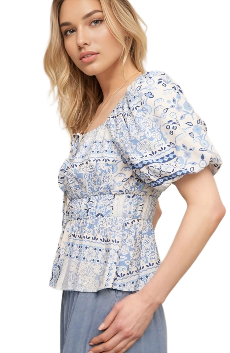 Knit and Lounge Boho Puff Sleeve Tie Front Smocked Waist Peasant Top, Alternate, color, Blue Patchwork