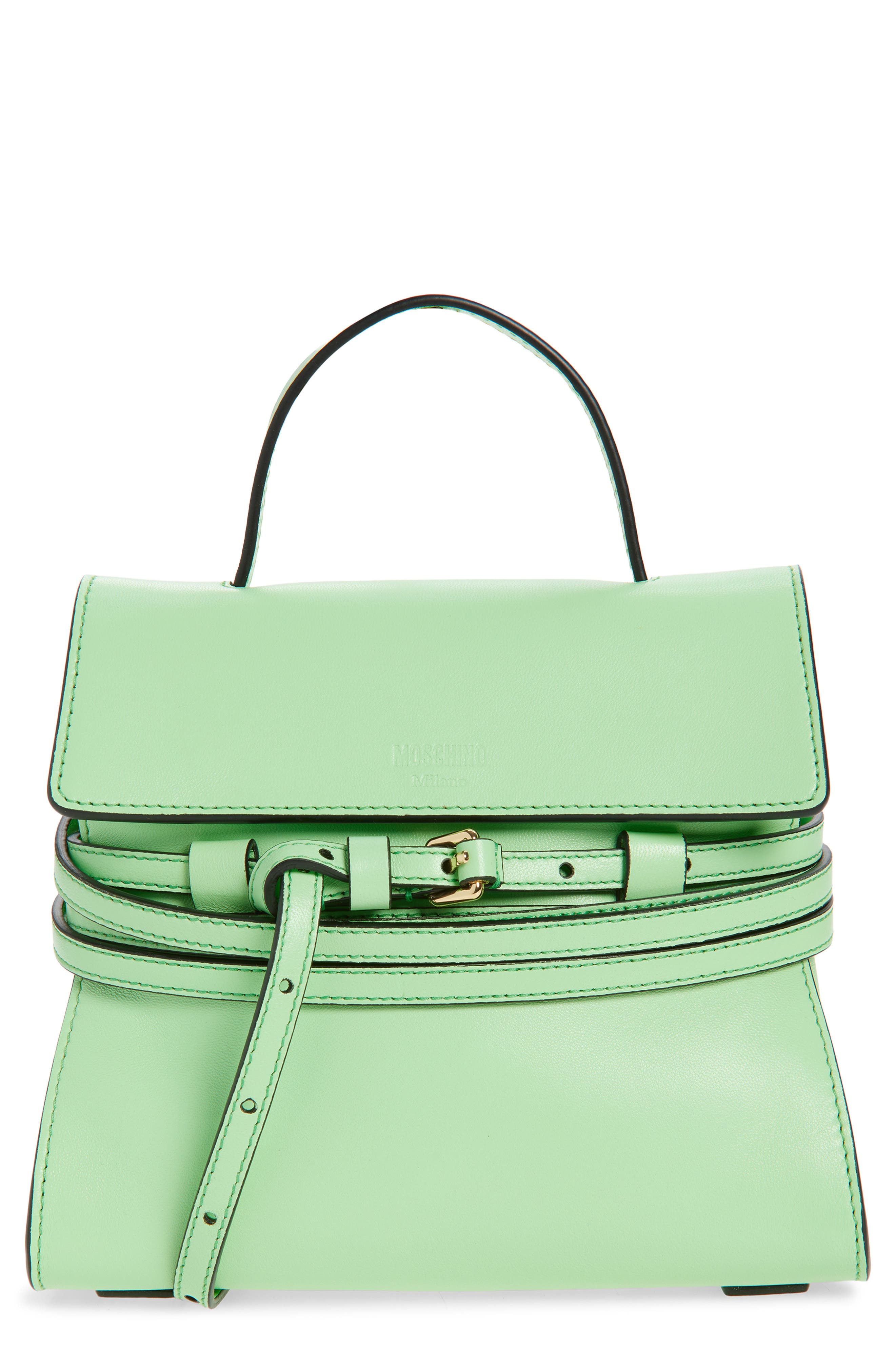 Moschino Small Tie Me Leather Top Handle Bag, Main, color, 822 Pistachio