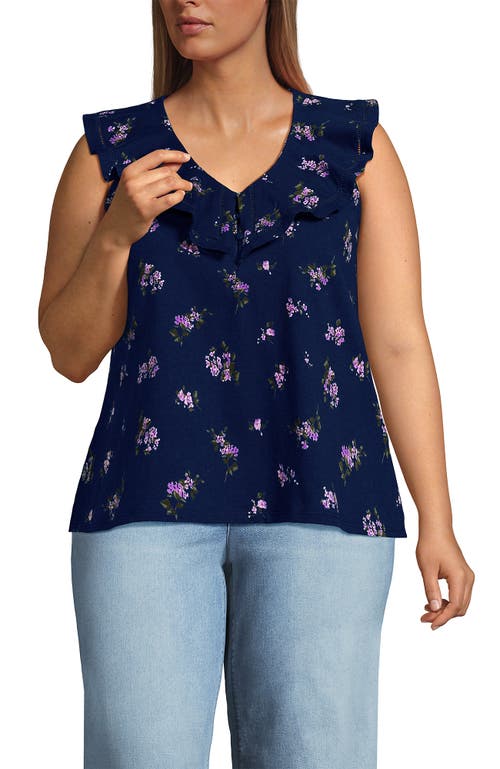 Shop Lands' End Plus Size V Neck Cascade Ruffle Top In Deep Sea Navy Bouquet
