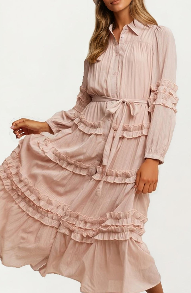 Knit and Lounge Ruffle Tiered Maxi Shirt Dress, Alternate, color, Blush