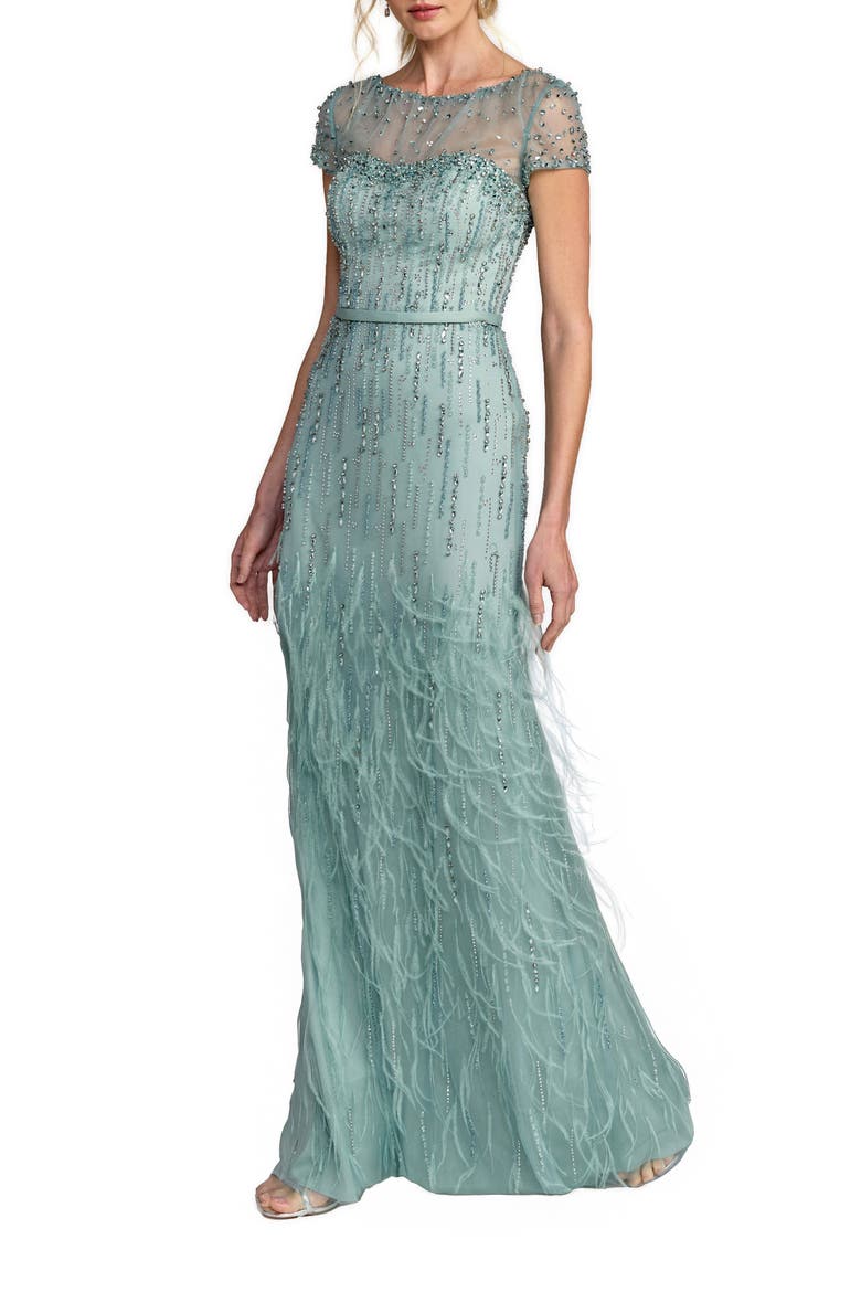 Embellished Net Short Sleeve Feather Gown, Main, color, Seafoam