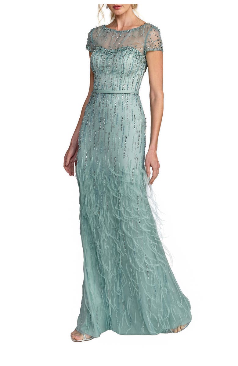 Mac Duggal Embellished Net Short Sleeve Feather Gown, Main, color, 