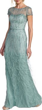 Mac Duggal Embellished Net Short Sleeve Feather Gown