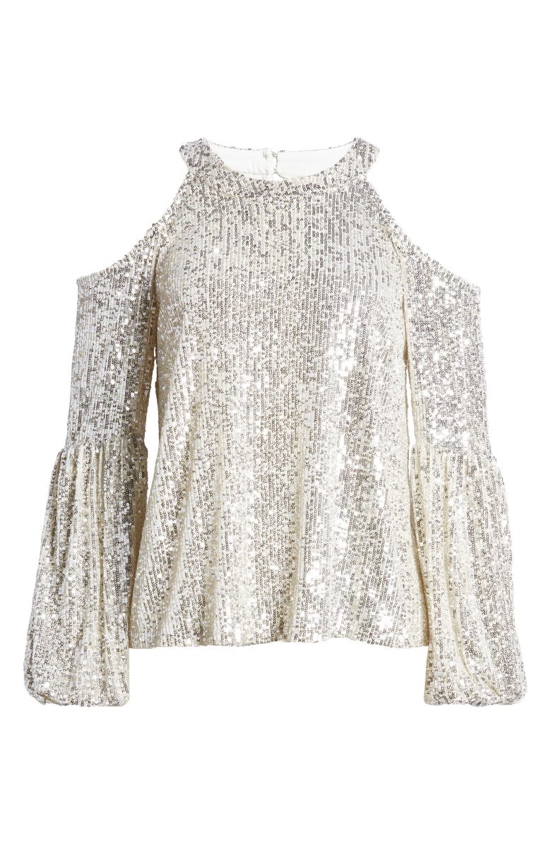 CeCe Sequin Cold Shoulder Top, Alternate, color, Champagne