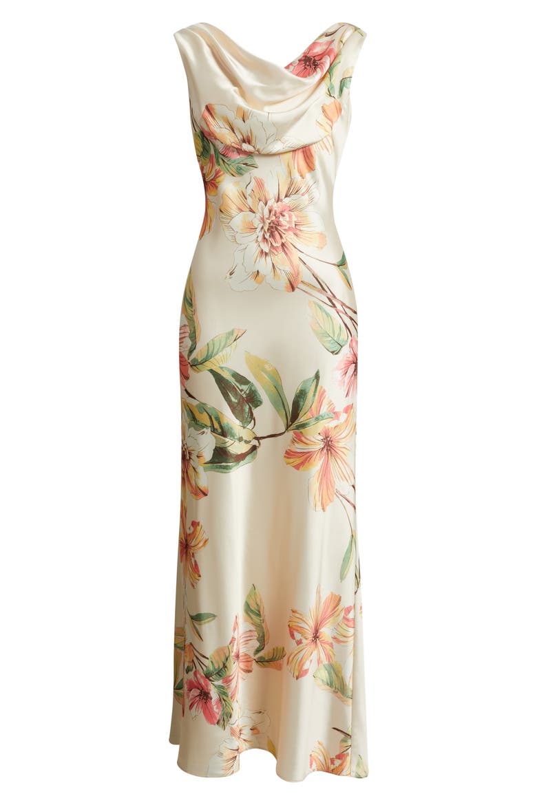satin floral cowl flute hem slip dress Satin Floral Cowl Flute Hem Slip Dress