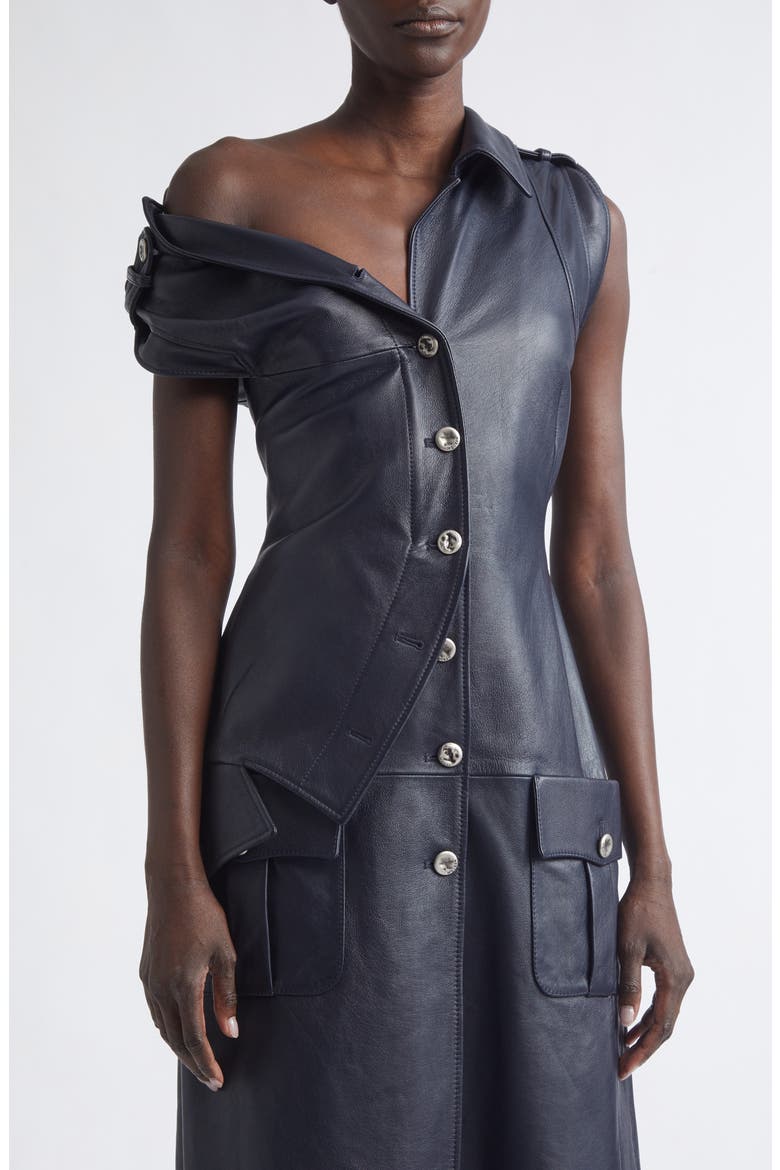 Asymmetric Leather Shirtdress, Alternate, color, NAVY