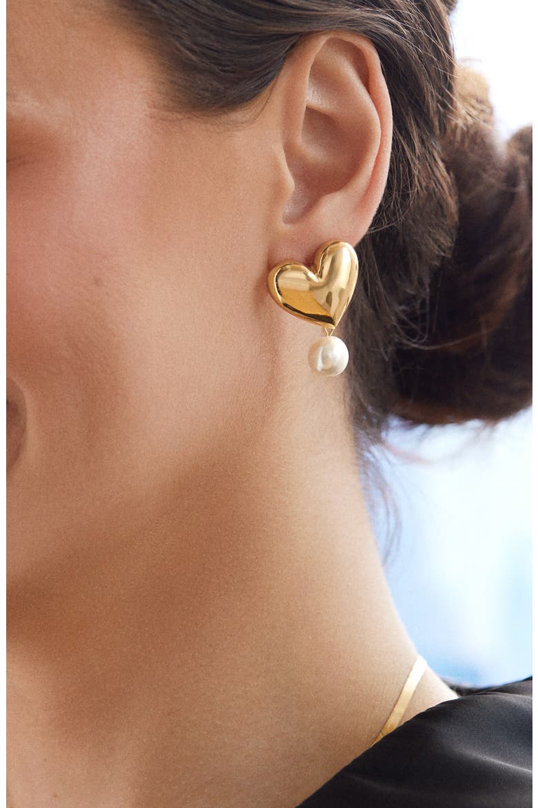 Imitation Pearl Heart Stud Earrings, Alternate, color, GOLD