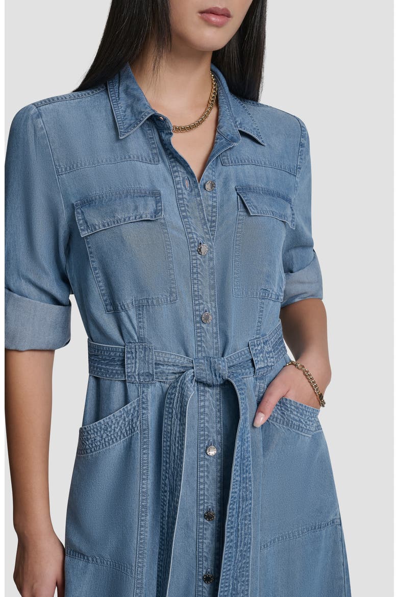 Tie Waist Roll Tab Chambray Midi Shirtdress, Alternate, color, STREAM WASH
