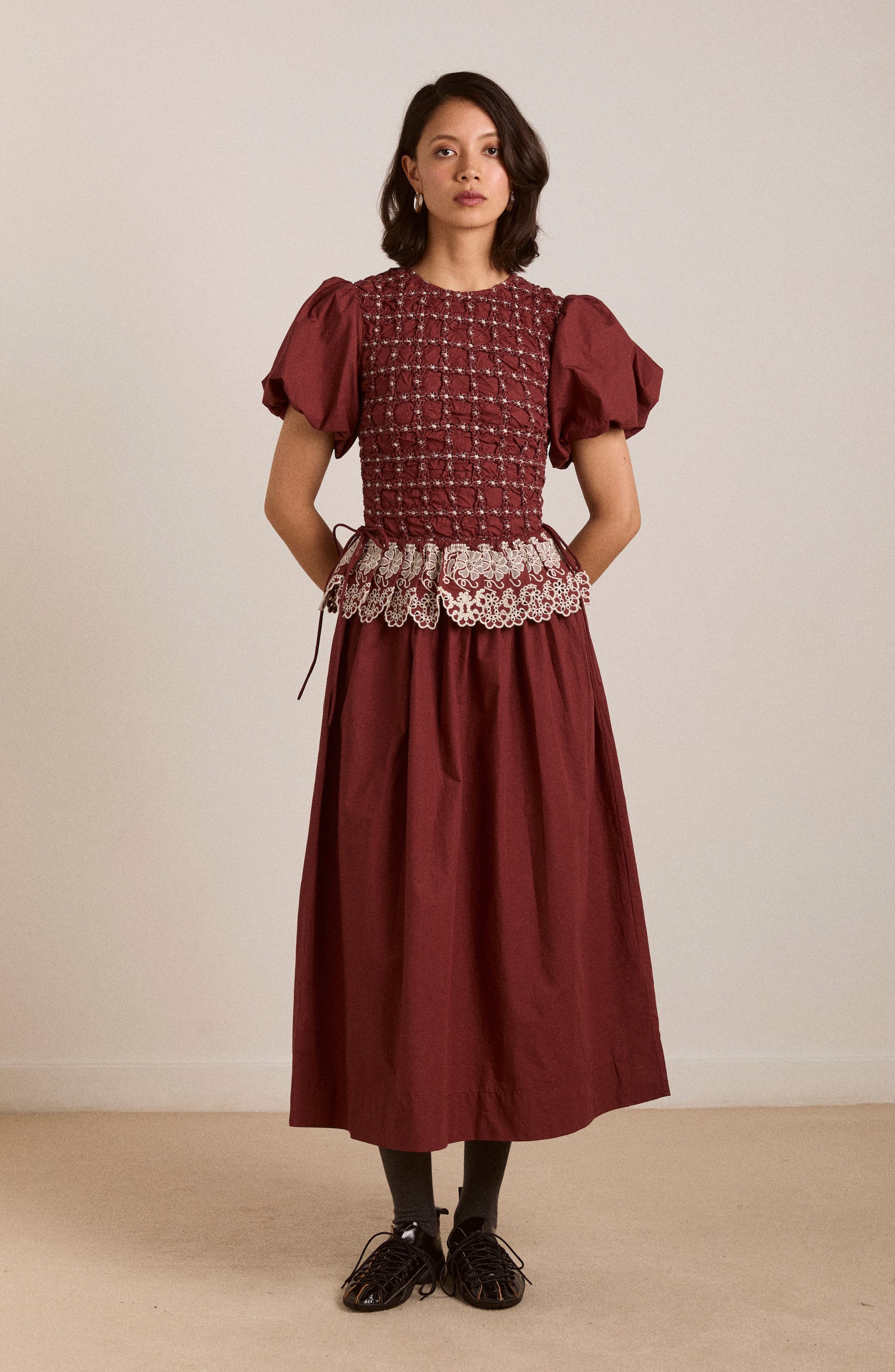 audrey smocked midi dress product info and reviews Audrey Smocked Puff Sleeve Organic Cotton Midi Dress (Women)