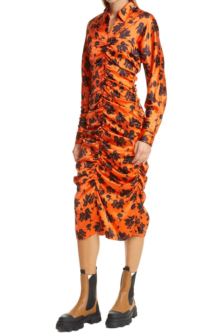 Floral Print Ruched Long Sleeve Stretch Silk Satin Dress, Alternate, color, FLAME