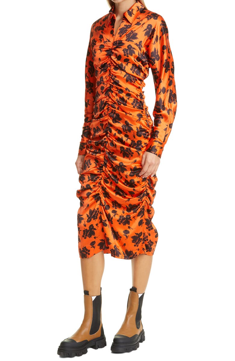 Ganni Floral Print Ruched Long Sleeve Stretch Silk Satin Dress, Alternate, color, Flame