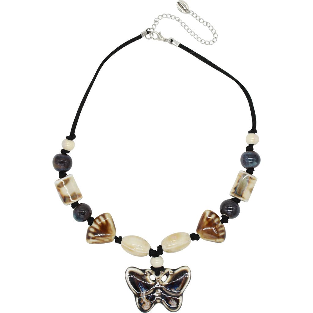Velvet Luna Ceramic Butterfly Suede Necklace In Black