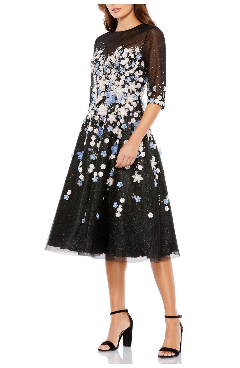 Mac Duggal Floral Embroidered A-Line Tea-Length Cocktail Dress, Main, color, Black Multi