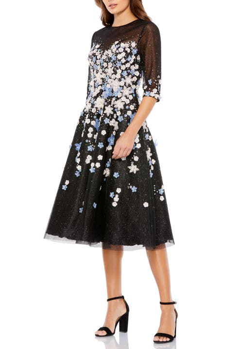 Floral Embroidered A-Line Tea-Length Cocktail Dress