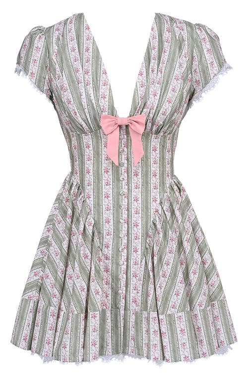House Of Cb Womens Stripe Floral Green Emiliana Striped Floral-print Stretch-cotton Mini Dress
