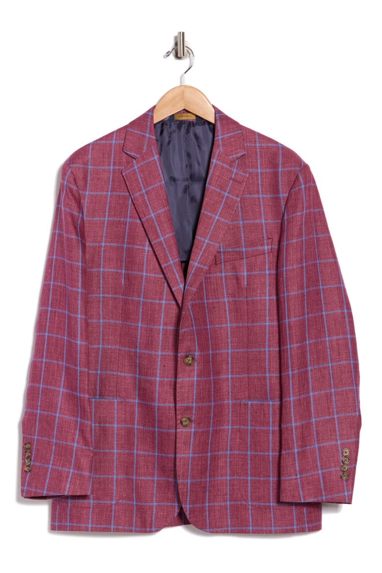 Plaid Linen Two-Button Sport Coat, Alternate, color, BURGUNDY BLUE WINDOWPANE