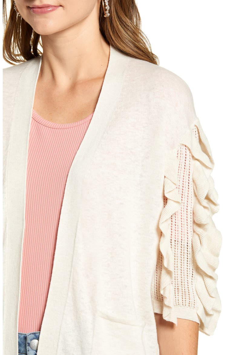 Ruffle Sleeve Cardigan Sweater, Alternate, color, BEIGE OATMEAL HEATHER