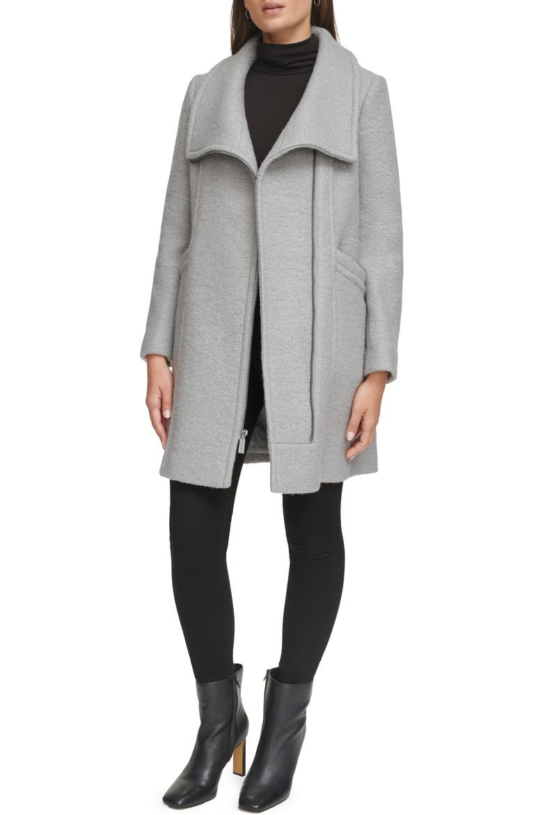 Asymmetric Zip Convertible Collar Bouclé Coat, Alternate, color, LIGHT GREY