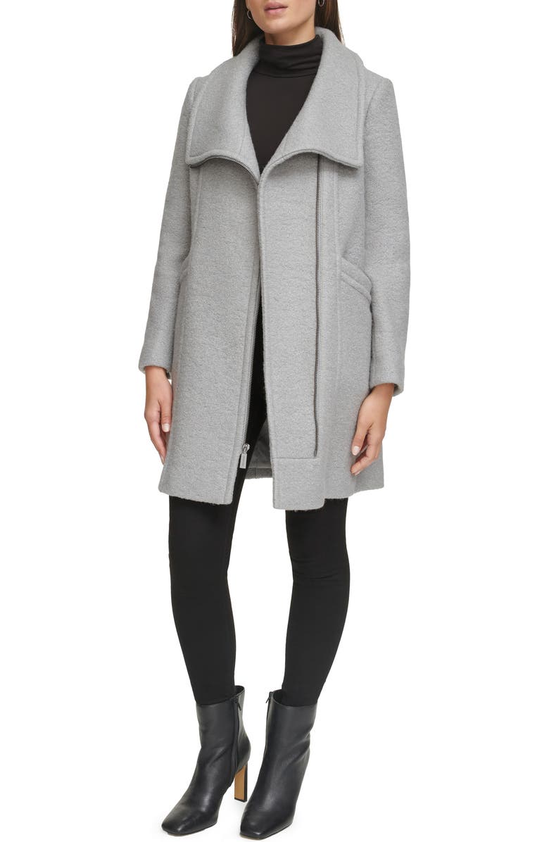Kenneth Cole Asymmetric Zip Convertible Collar Bouclé Coat, Alternate, color, Light Grey