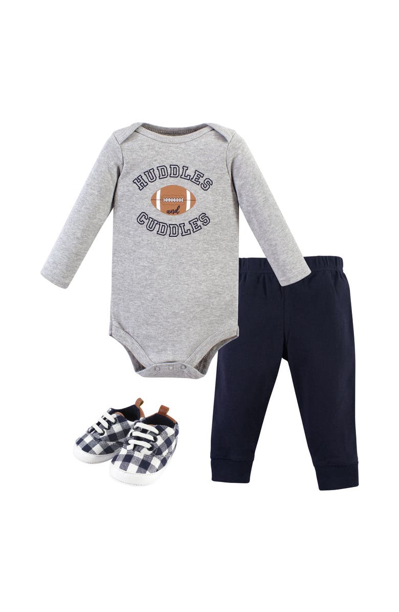Hudson Baby Three-Piece Long-Sleeve Bodysuit Outfit with Pants and Footwear, Main, color, Football Huddles Long Sleeve