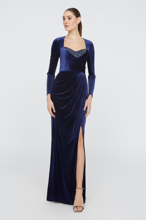 Theia Emerson Draped Stretch Velvet Column Gown In Blue