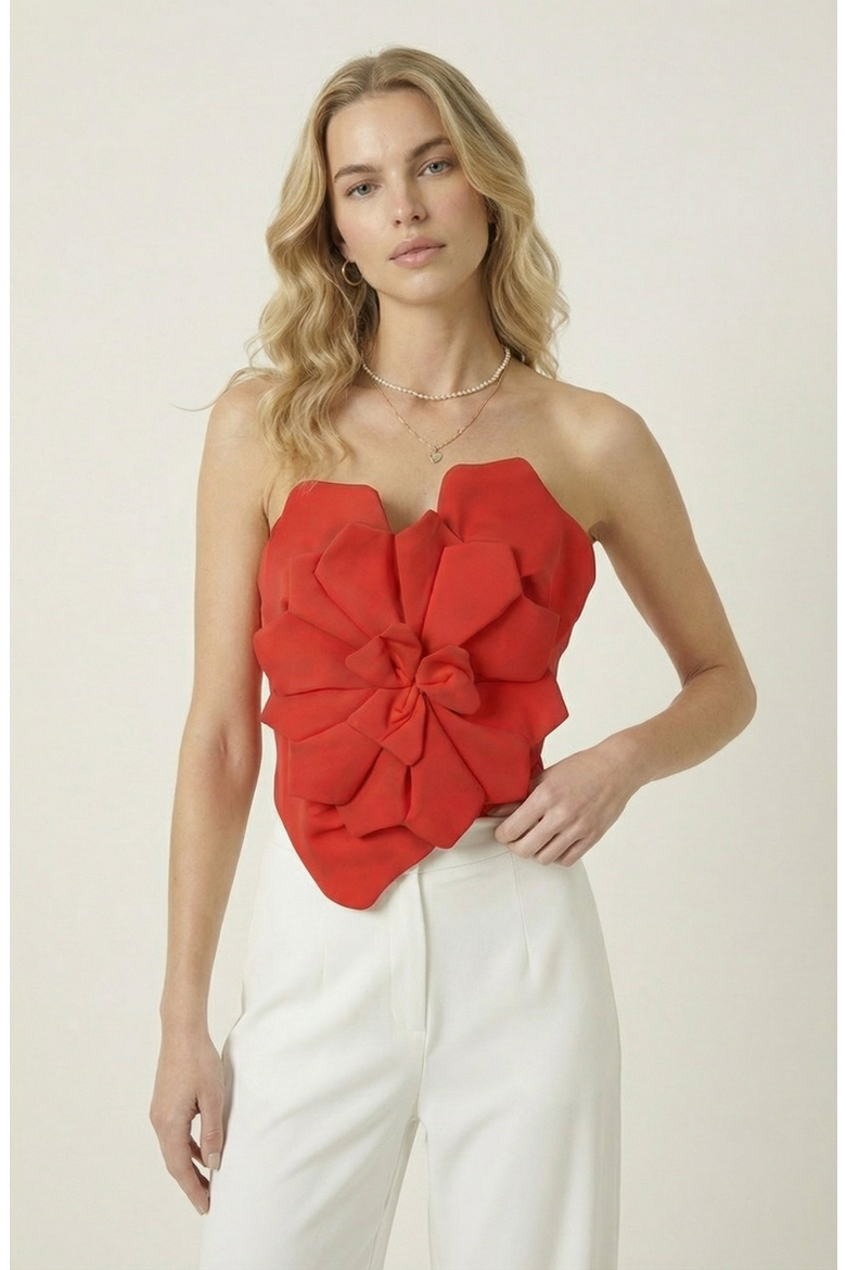 Strapless Sculptural Floral Applique Top, Main, color, Red