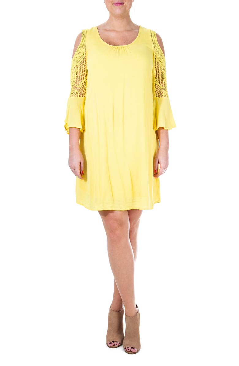 Nina Leonard Crochet Cold Shoulder Long Sleeve Dress, Main, color, Canary