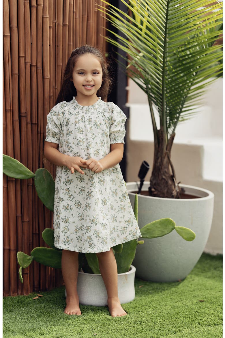Kids' Smocked Trim Cotton Blend Dress, Alternate, color, WHITE