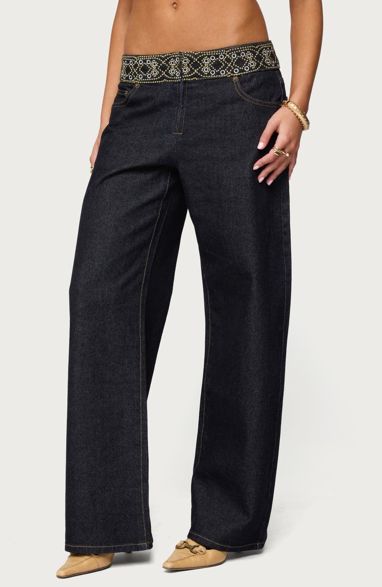 EDIKTED Carlie Beaded Embroidered Low Rise Wide Leg Jeans, Alternate, color, 